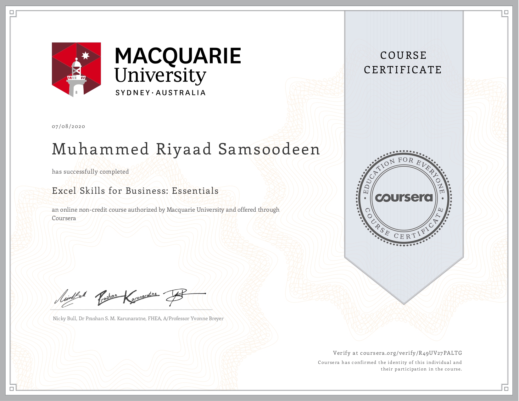 Coursera Certificate for Excel Skills for Business